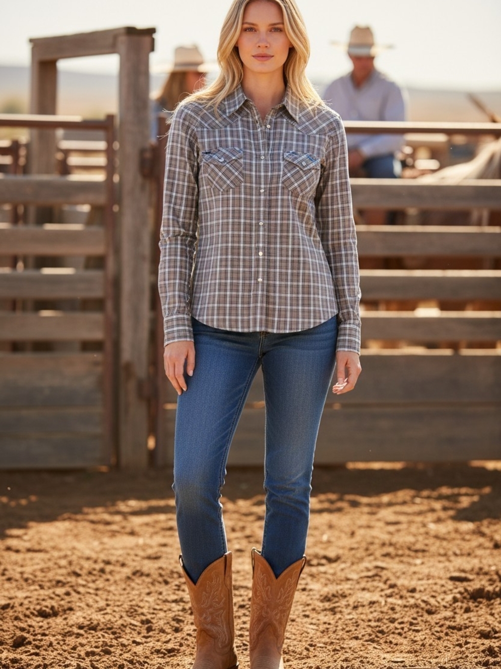 Rockies Women's Western Plaid Pearl Snap LS Shirt Turquoise Burgundy Sz S